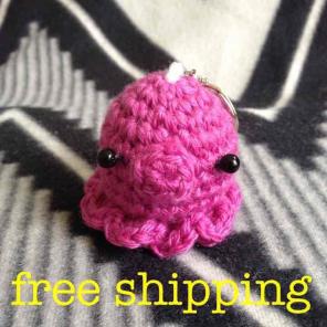 Magenta crocheted mini octopus keychain