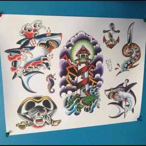 Nautical Shark Ocean Ship Tattoo Flash
