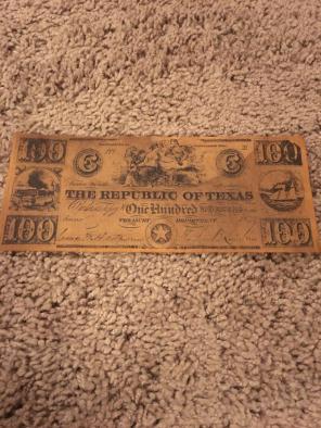 1839 Republic Of Texas $100 Bill