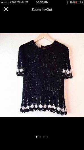 Vintage Black Silk Beaded Top Blouse S