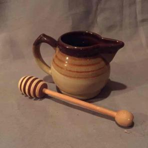 VINTAGE HONEY PITCHER W WOODEN SERVER