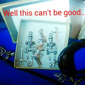 BFF skeletons w guns, swords +necklaces
