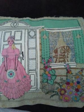 Embroidered Colonial Lady 18" sq Panel