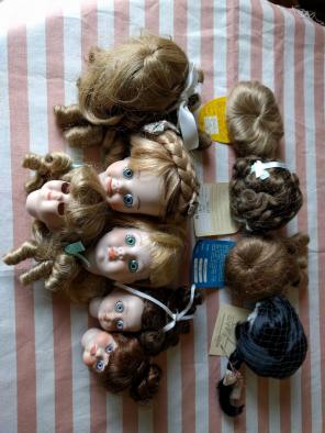 Bisque dolls lot 5 heads,10 wigs