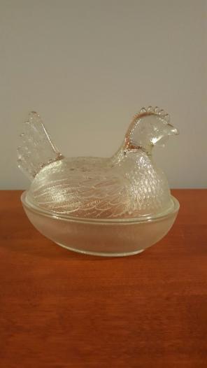 Indiana glass company hen on a nest