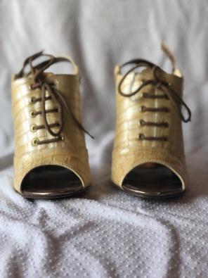 Cream And Gold Lace Up Pumps
