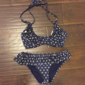 Asos bow ruffle bikini set navy white m