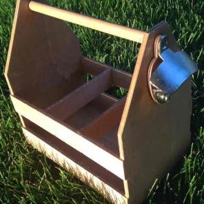 Wooden six pack carrier with bottle open