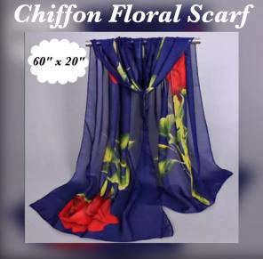 Blue Floral Print Chiffon Scarf, 60"x20"