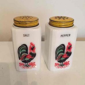 Milk glass rooster shakers