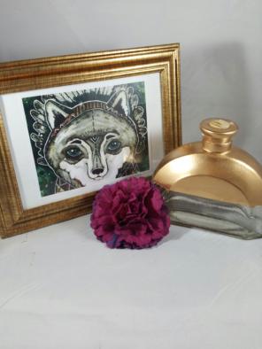 Watercolor fox framed artwork w bottle
