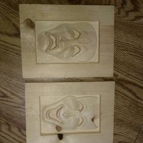 Laugh and cry faces 3d wood carving