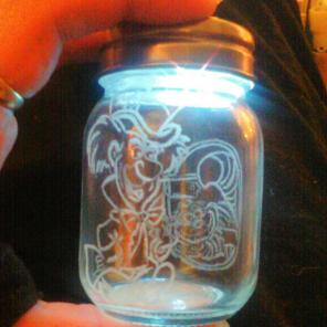 Mad Hatter, Cheshire Cat lit jar etched