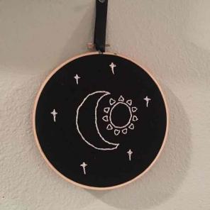 Moon & sun hand embroidered hoop
