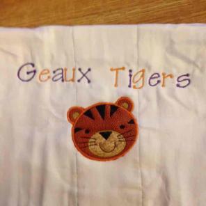 Embroidered LSU burp cloth. FIRM PRICING