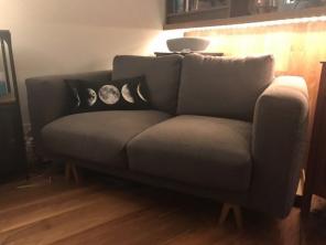 Sofa SALE! Gray w/walnut pegs .