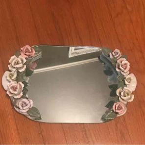 Vintage floral glass mirror vanity tray