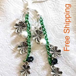 Shamrock Charms Green Chain Earrings 3"+