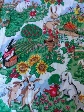 Rabbits in Garden Vintage Cotton Fabric