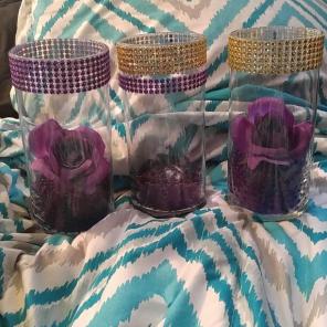Set of 3 purple/gold bling 7in vases