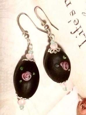 Black Ceramic Pink Rose Drop ST Earrings