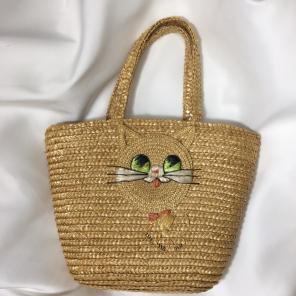 Vintage straw & rattan kitty cat handbag