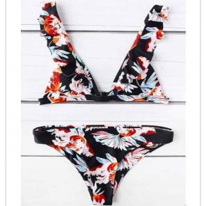 NEW Black Floral Ruffle Strap Bikini - S