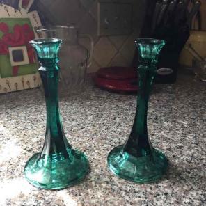 Vintage Green Glass Candlesticks