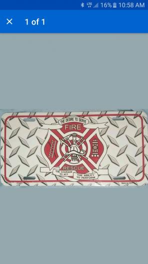 FIREFIGHTER RESCUE METAL NOVELTY CAR LIC