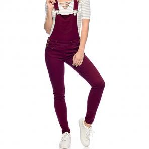 maroon denim "skinny" overalls