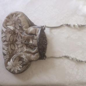beige silk silver crystal floral purse