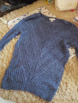 Long blue knit maternity sweater