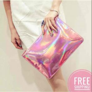 PINK IRIDESCENT HOLOGRAPHIC CLUTCH PURSE