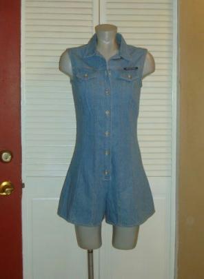 Vntg Blue Denim One Piece Romper Shorts