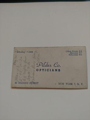 Pildes Co. Opticians Business Card NY