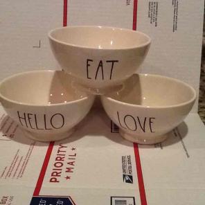 Rae Dunn love eat and hello bowls