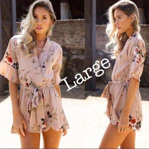L Tan Flowers Romper Kimono