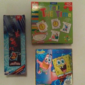 3 puzzles Spider-Man spongeBob tell time