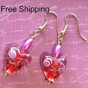 Red Lampwork Heart Purple Pearl Earrings