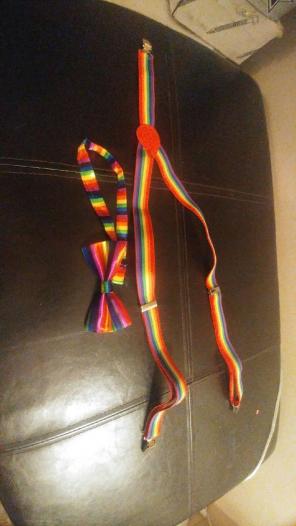 Rainbow suspenders and bowtie