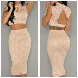 Nude Pink Lace Key-Hole Back Skirt Dress