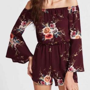Burgundy Floral Off the Shoulder Romper
