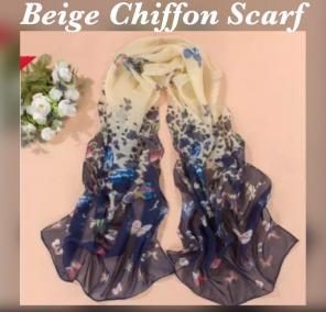 Beige Butterfly Print Chiffon Scarf