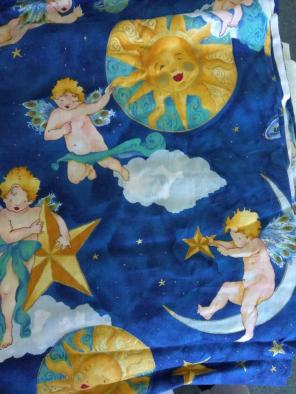 Cherubs Moon Stars Fabric Blue Gold