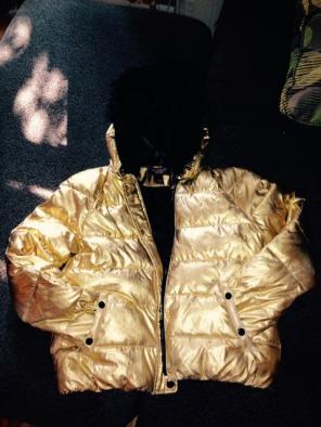Matallic gold Puffy Coat With Black Fur