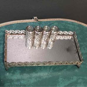 Vintage gold filigree vanity mirror tray