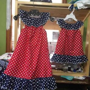 Red and blue with white polka dots dress