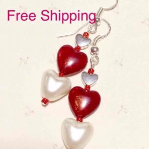 Red White Pearl Silver Heart Earrings FS