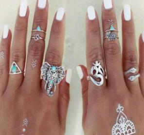 8 pc turquoise & tribal ring set