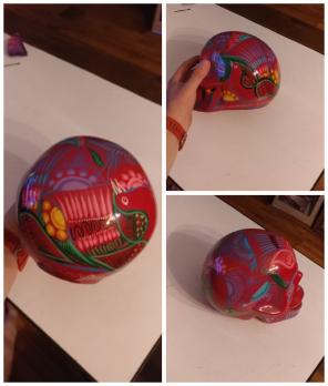 Blue and red painted skull